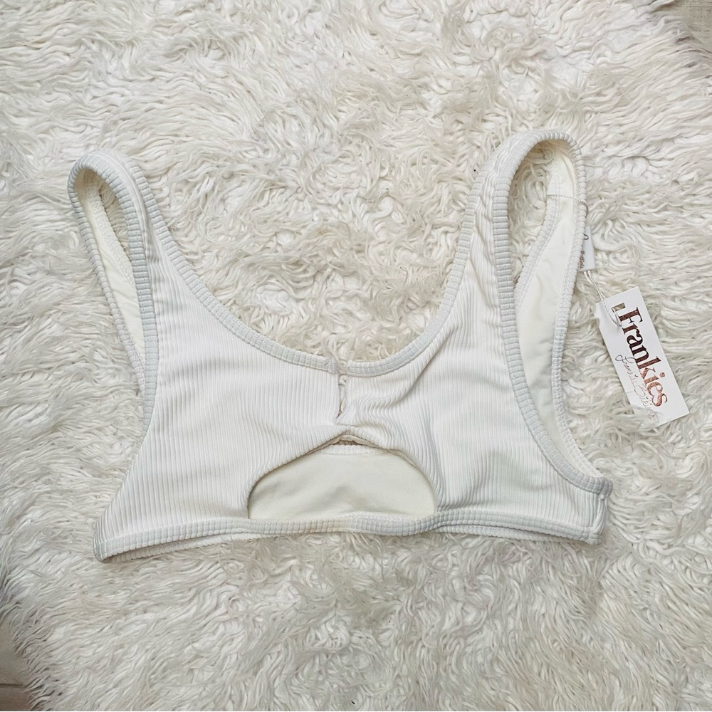 Frankie's Bikinis White Ribbed Scoop Back Bikini Top With Front Cut Out